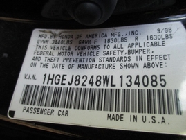 1998 HONDA CIVIC EX BLACK 1.6L VTEC AT 2DR A15243